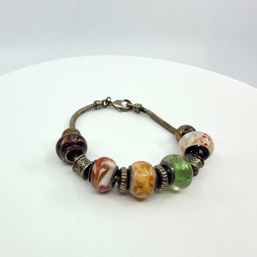 Vintage Y2K Murano Glass Charm Bracelet Multicolor Boho Snake Chain